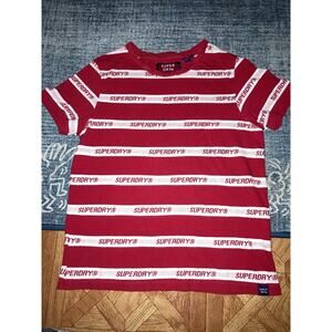 Superdry Red White Striped Logo Tee Women’s T Shirt Size 4 Small